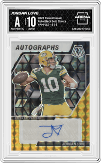Jordan Love from the 2024 Panini Mosaic set featuring a Black Gold Choice  parallel graded by Arena Club.