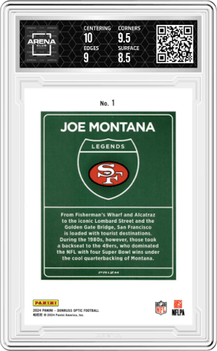 Joe Montana from the 2024 Donruss Optic set graded by Arena Club and given an overall grade of 9.