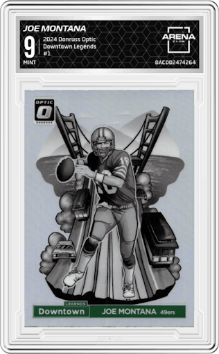 Joe Montana from the 2024 Donruss Optic set graded by Arena Club and given an overall grade of 9.