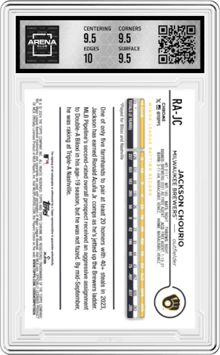 Jackson Chourio from the 2024 Topps Chrome set featuring a Purple Speckle Refractor parallel graded by Arena Club and given an overall grade of 10.