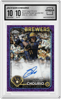 Jackson Chourio from the 2024 Topps Chrome set featuring a Purple Speckle Refractor parallel graded by Arena Club and given an overall grade of 10.