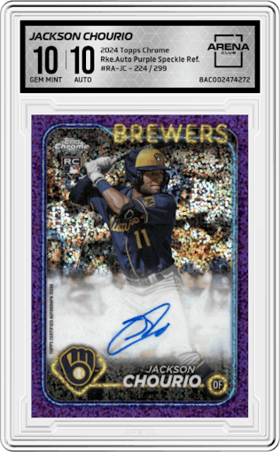Jackson Chourio from the 2024 Topps Chrome set featuring a Purple Speckle Refractor parallel graded by Arena Club and given an overall grade of 10.