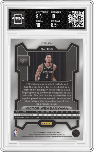Victor Wembanyama from the 2023-24 Panini Prizm set featuring a Green Prizm parallel graded by Arena Club and given an overall grade of 9.