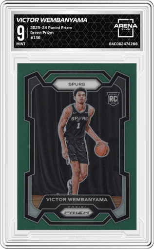 Victor Wembanyama from the 2023-24 Panini Prizm set featuring a Green Prizm parallel graded by Arena Club and given an overall grade of 9.