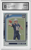 Drake Maye from the 2024 Donruss Optic set featuring a Holo parallel graded by Arena Club and given an overall grade of 10.