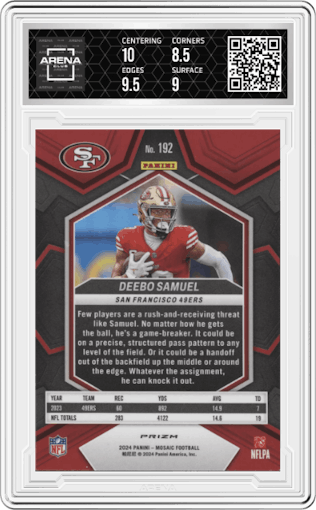 Deebo Samuel from the 2024 Panini Mosaic set featuring a Honeycomb parallel graded by Arena Club and given an overall grade of 9.