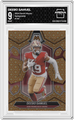 Deebo Samuel from the 2024 Panini Mosaic set featuring a Honeycomb parallel graded by Arena Club and given an overall grade of 9.