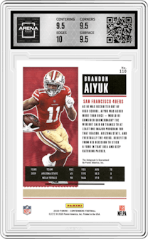 Brandon Aiyuk from the 2020 Panini Contenders set graded by Arena Club and given an overall grade of 10.