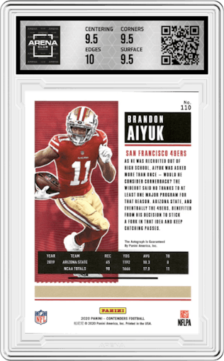 Brandon Aiyuk from the 2020 Panini Contenders set graded by Arena Club and given an overall grade of 10.