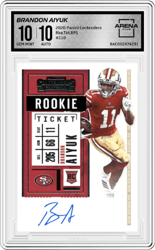 Brandon Aiyuk from the 2020 Panini Contenders set graded by Arena Club and given an overall grade of 10.