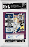 Dalton Kincaid from the 2023 Panini Contenders Optic set featuring a Purple Pulsar parallel graded by Arena Club and given an overall grade of 9.5.