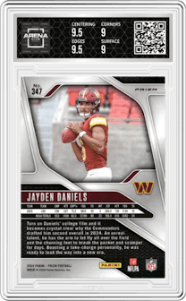 Jayden Daniels from the 2024 Panini Prizm set featuring a Lazer Prizm parallel and given an overall grade of 9.5.