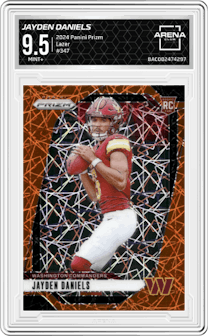 Jayden Daniels from the 2024 Panini Prizm set featuring a Lazer Prizm parallel and given an overall grade of 9.5.