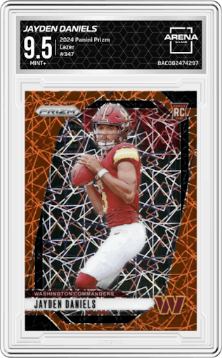 Jayden Daniels from the 2024 Panini Prizm set featuring a Lazer Prizm parallel graded by Arena Club and given an overall grade of 9.5.