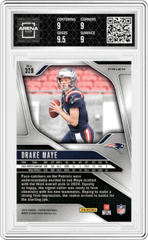 Drake Maye from the 2024 Panini Prizm set featuring a Lazer Prizm parallel graded by Arena Club and given an overall grade of 9.