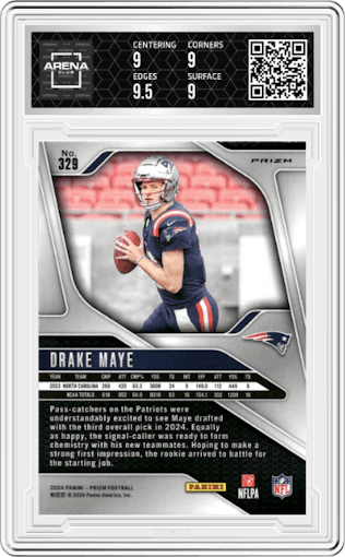 Drake Maye from the 2024 Panini Prizm set featuring a Lazer Prizm parallel graded by Arena Club and given an overall grade of 9.