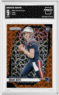 Drake Maye from the 2024 Panini Prizm set featuring a Lazer Prizm parallel graded by Arena Club and given an overall grade of 9.