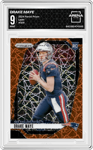 Drake Maye from the 2024 Panini Prizm set featuring a Lazer Prizm parallel graded by Arena Club and given an overall grade of 9.