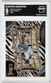 Quentin Johnston from the 2023 Panini Select set featuring a Zebra parallel graded by Arena Club and given an overall grade of 9.
