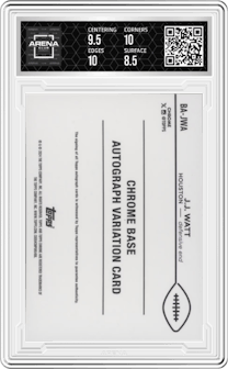 J.J. Watt from the 2024 Topps Chrome set featuring a Gold Refractor parallel graded by Arena Club and given an overall grade of 9.