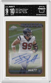 J.J. Watt from the 2024 Topps Chrome set featuring a Gold Refractor parallel graded by Arena Club and given an overall grade of 9.