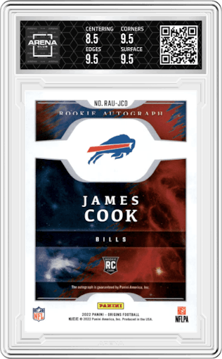 James Cook from the 2022 Panini Origins set graded by Arena Club and given an overall grade of 9.