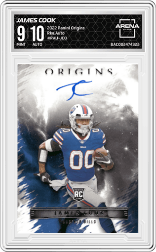 James Cook from the 2022 Panini Origins set graded by Arena Club and given an overall grade of 9.