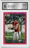 Bo Nix from the 2024 Topps Chrome set featuring a Magenta Speckle Refractor parallel graded by Arena Club and given an overall grade of 10.