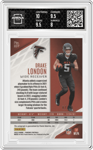 Drake London from the 2022 Panini Phoenix set featuring a Pink parallel graded by Arena Club and given an overall grade of 8.5.