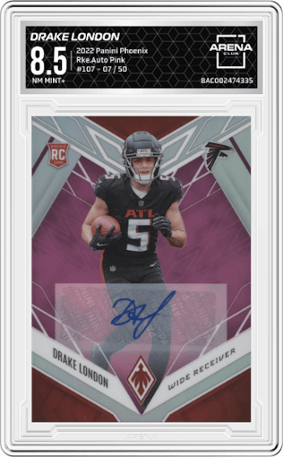 Drake London from the 2022 Panini Phoenix set featuring a Pink parallel graded by Arena Club and given an overall grade of 8.5.