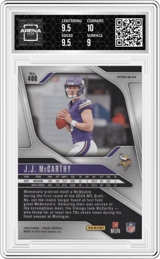 J.J. McCarthy from the 2024 Panini Prizm set featuring a Silver Prizm parallel graded by Arena Club and given an overall grade of 9.5.