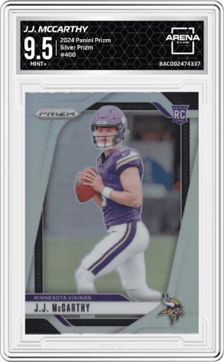 J.J. McCarthy from the 2024 Panini Prizm set featuring a Silver Prizm parallel graded by Arena Club and given an overall grade of 9.5.