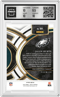 Jalen Hurts from the 2023 Panini Select set featuring a Tie-Dye parallel and given an overall grade of 10.