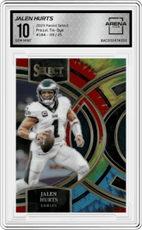 Jalen Hurts from the 2023 Panini Select set featuring a Tie-Dye parallel and given an overall grade of 10.