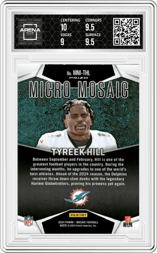 Tyreek Hill from the 2024 Panini Mosaic set graded by Arena Club and given an overall grade of 9.5.