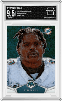 Tyreek Hill from the 2024 Panini Mosaic set and given an overall grade of 9.5.
