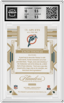 Zach Thomas  from the 2023 Panini Flawless set graded by Arena Club and given an overall grade of 10.