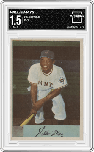 Willie Mays from the 1954 Bowman set graded by Arena Club and given an overall grade of 1.5.