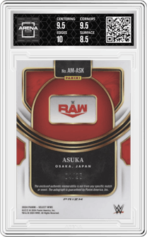 Asuka from the 2024 Panini Select WWE set featuring a Tie-Dye Prizm parallel graded by Arena Club and given an overall grade of 9.