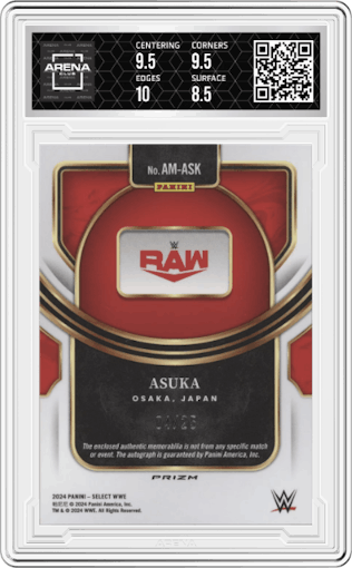 Asuka from the 2024 Panini Select WWE set featuring a Tie-Dye Prizm parallel graded by Arena Club and given an overall grade of 9.