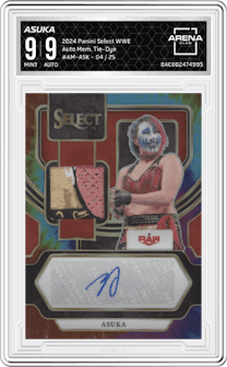 Asuka from the 2024 Panini Select WWE set featuring a Tie-Dye Prizm parallel graded by Arena Club and given an overall grade of 9.