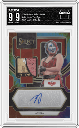 Asuka from the 2024 Panini Select WWE set featuring a Tie-Dye Prizm parallel graded by Arena Club and given an overall grade of 9.