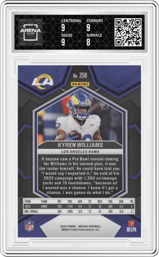 Kyren Williams from the 2024 Panini Mosaic set graded by Arena Club and given an overall grade of 8.5.