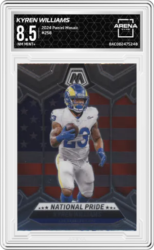 Kyren Williams from the 2024 Panini Mosaic set graded by Arena Club and given an overall grade of 8.5.