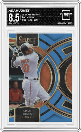 Adam Jones from the 2024 Panini Select set featuring a Blue parallel graded by Arena Club and given an overall grade of 8.5.