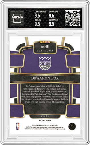 De'Aaron Fox from the 2023-24 Panini Select  set featuring a Tiger parallel graded by Arena Club and given an overall grade of 9.5.