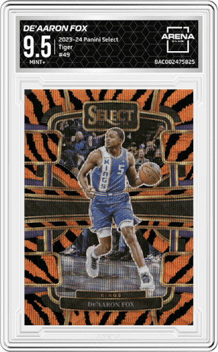 De'Aaron Fox from the 2023-24 Panini Select  set featuring a Tiger parallel graded by Arena Club and given an overall grade of 9.5.