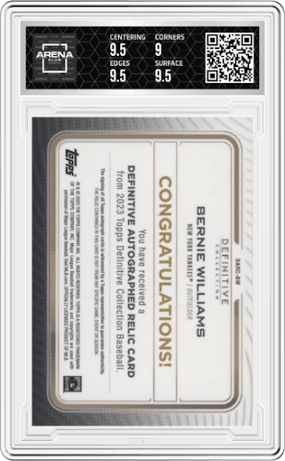 Bernie Williams from the 2023 Topps Definitive Collection set featuring a Green parallel graded by Arena Club and given an overall grade of 9.5.