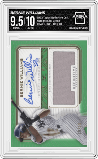 Bernie Williams from the 2023 Topps Definitive Collection set featuring a Green parallel graded by Arena Club and given an overall grade of 9.5.