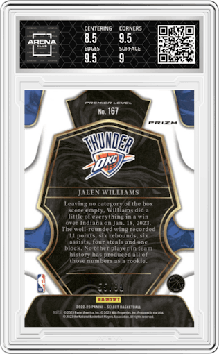 Jalen Williams from the 2022-23 Panini Select set featuring a Disco Light Blue parallel graded by Arena Club and given an overall grade of 9.